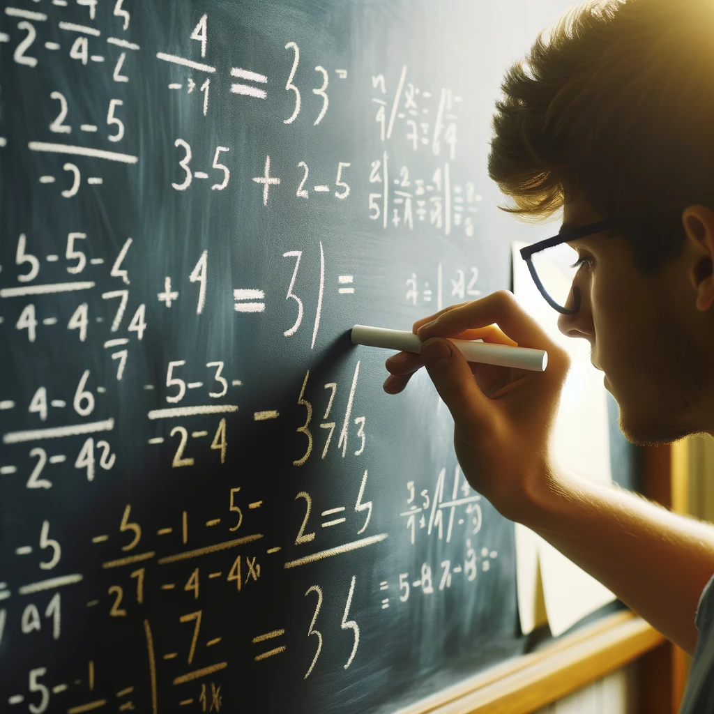 A student solving fraction division on a chalkboard, symbolizing clarity and understanding in mathematics.